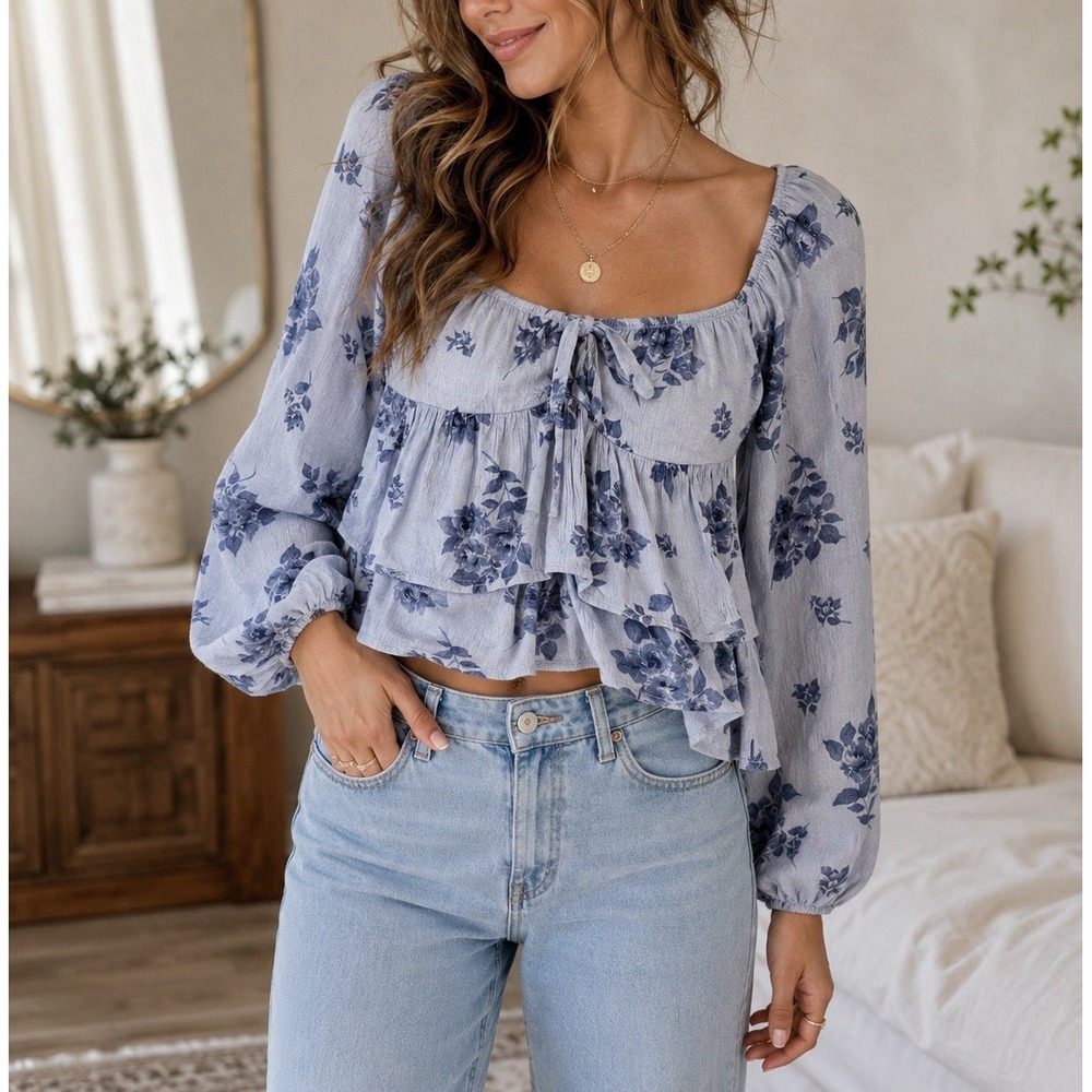 Hollister‎ Floral Peasant Crop Top Small Blue Long Sleeve Cottage Core Boho